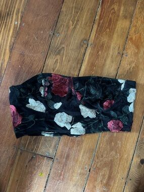 Black Floral Strapless Bustier Top with Red and Cream Roses